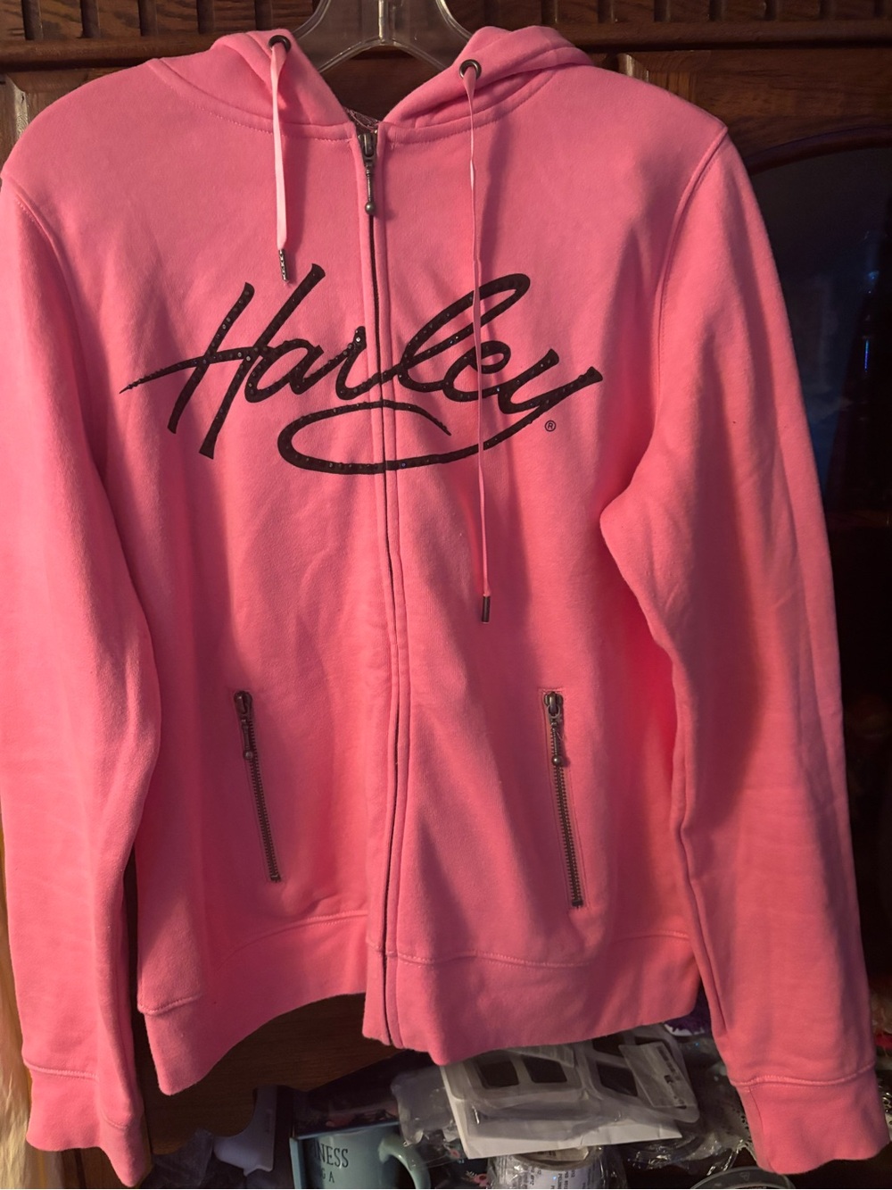 Harley-Davidson Women's Bright Pink Zip Hoodie with Black Script - Picture 2 of 4